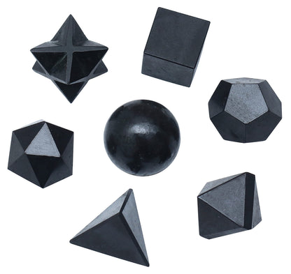 Crocon Black Tourmaline 7Pcs Platonic Solids Crystal Geometry Set, Platonic Solids Sacred Geometric Stones for Meditation Reiki Balancing Healing Chakra Stone Cleansing Spiritual Good Luck (15-20 mm)