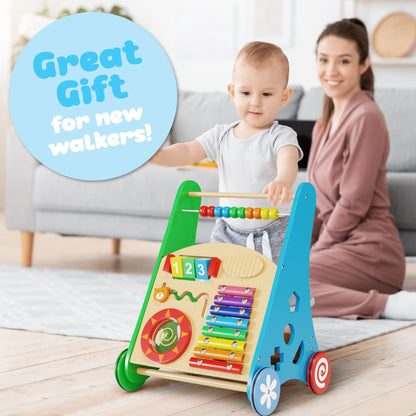 Wooden Baby Walker with Activity Center for Toddler Boys & Girls - Montessori Baby Push Walker Toy with Adjustable Speed - Baby Walker with Wheels for Kids Development by KIDDERY TOYS