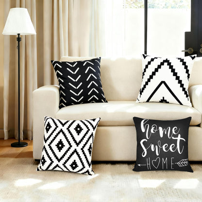 RYSMIYOU Decorative Throw Pillow Covers 18x18 inch Set of 4 Black White Pillow Covers for Couch Sofa Bed Living Room,Farmhouse Outdoor Throw Pillow Cover,Geometric Linen Square Throw Pillow Cases