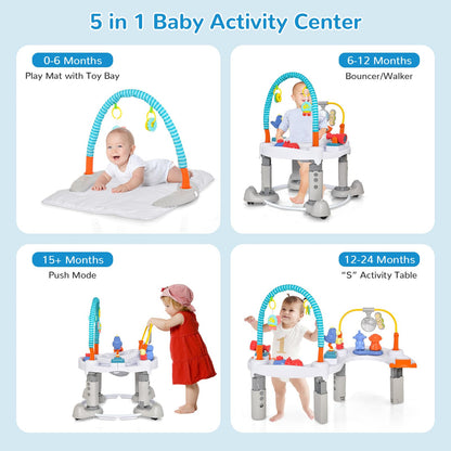 INFANS Baby Bouncer Activity Center, 5 in 1 Toddler Bouncing Activity Saucer Playtime Mat Activity Table with 360°Rotating Seat, 3 Adjustable Height, Foldable Exersaucer Learning Walker (Light Grey)
