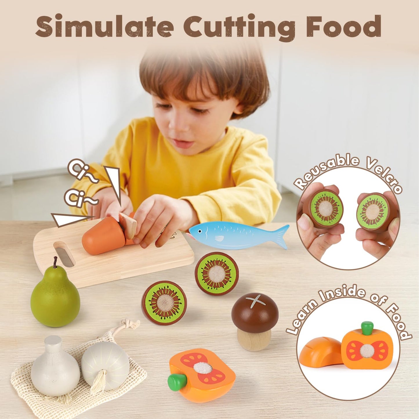 Lehoo Castle Wooden Play Food Sets for Kids Kitchen, Food Toys for Toddlers 1-3, Pretend Food Play Kitchen Accessories, Cutting Fruits Vegetables Cooking Toys Gift for Boys Girls 3 4 5 +