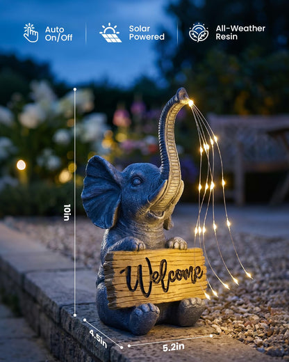KVR Solar Elephant Statue with Welcome Sign, Outdoor Garden Decor with Warm White Steady-On String Lights, Waterproof Resin Figurine for Front Porch, Patio, Yard, Housewarming Gift