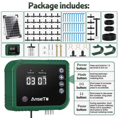 AnseTo 8W Solar Drip Irrigation System for Gardens, DIY Automatic Drip Kit, Supports Watering 30 Pots, Includes 35m Drip Hose and 30 Emitters Suitable for Gardens/Greenhouses/Outdoor Irrigation Timer