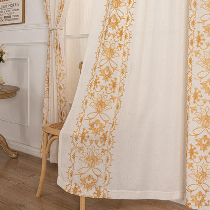 Tootop Bohemian Curtains Linen Gauze Embroidered Curtains Bohemian Floral Beige Farmhouse Living Room Decor Rustic Semi-Blackout Curtains Tieback Pocket or Folded Edge 2 Panel 84 Inch Gold