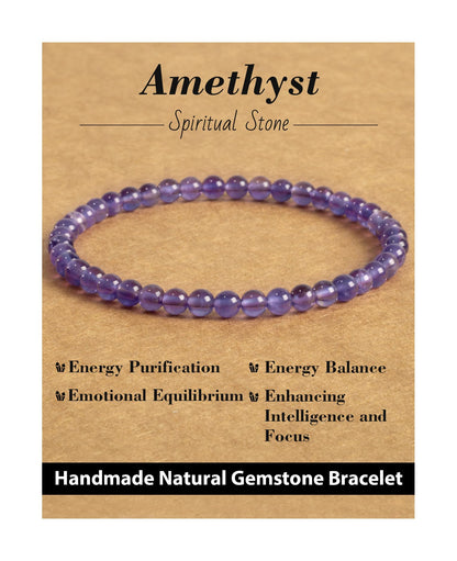 Landorilo Beaded Bracelet for Men Women, 4mm Natural Stone Amethyst Healing Crystal Stretch Bracelets, Ideal Christmas Birthday Jewelry Gifts with Energy Card，Replacement Beads Included
