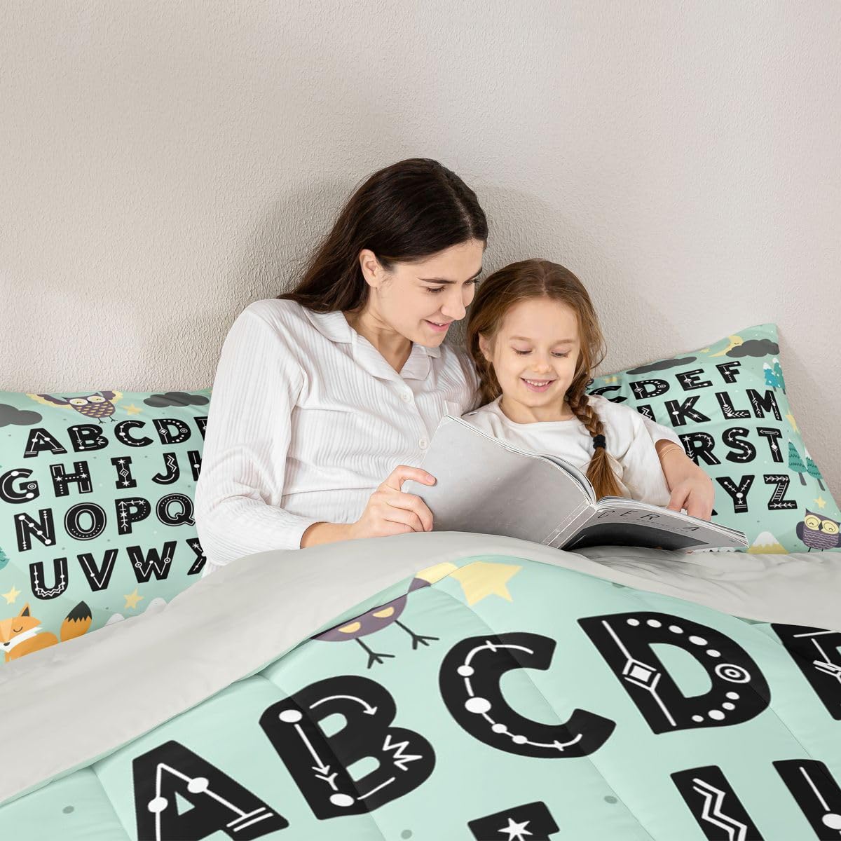 Feelyou Alphabet Kids ABC Learning Comforter Set All Season Cute Fox Bedding Set with 1 Pillow Cases Educational Nursery Art Kids Toddler Bedclothes Woodland Animals Bedroom Decor Duvet Quilt