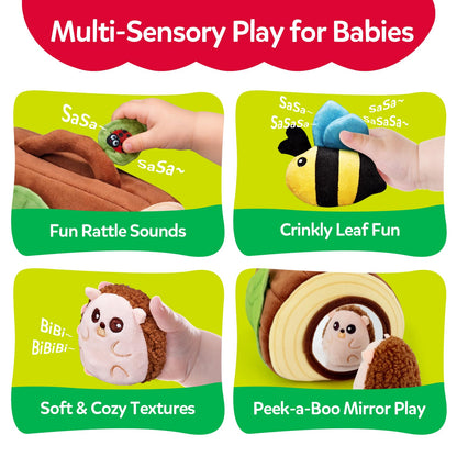 CuteZone Baby Toys 6-12 Months, Stuffed Animals for Babies, Soft Plush Forest Sensory Toy Set with Rattle, Crinkle, Mirror and Tree Stump Storage, Cause and Effect Baby Boy Girl Gifts