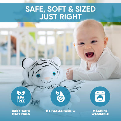 Love By Emi 4 in 1 Baby Lullaby Sleep Soother Toy - Stuffed Animal Sound Machine & Pacifier Holder | Heartbeat White Noise & Music | Plush White Tiger Lovey Sleep Aid Security Blanket (0-3 Years)