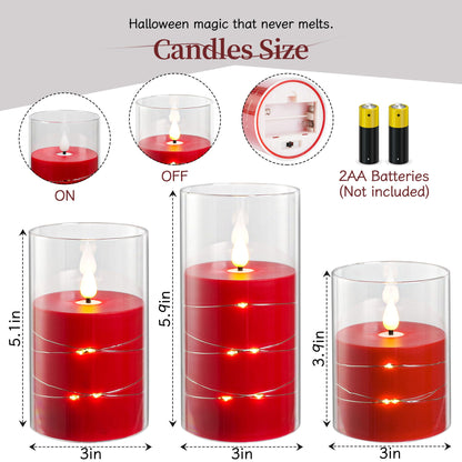 Da by Flickering Flameless Candles with Remote,Acrylic LED Candles with Embedded Star String,Battery Operated Candle, for Home and Holiday Decoration Set of 3（Red）
