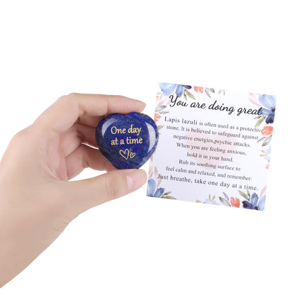 QINJIEJIE One Day at A Time Lapis Lazuli Heart Stones Crystals Thumb Worry Stone Thinking of You Gifts for Anxiety Relief Items You Got This Inspirational for Friend Sobriety Gifts for Men