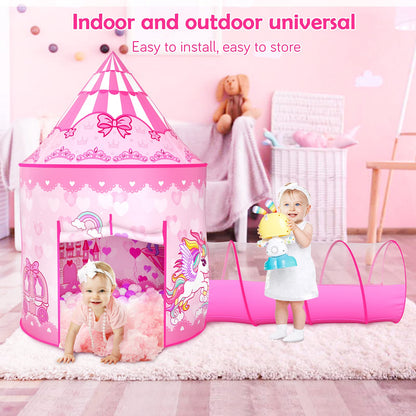 GeerWest 3PC Princess Tent for Girls with Kids Ball Pit and Crawl Tunnel for Toddlers, Pink Pop Up Playhouse Toys Indoor& Outdoor for Birthday Gifts