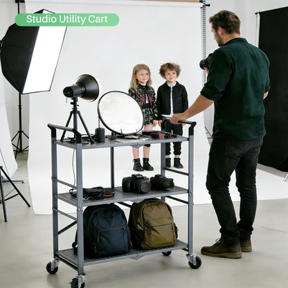 3 Tier Utility Carts - Folding Metal Rolling Cart with Wheels for Kitchen Office Garage Storage, Grey