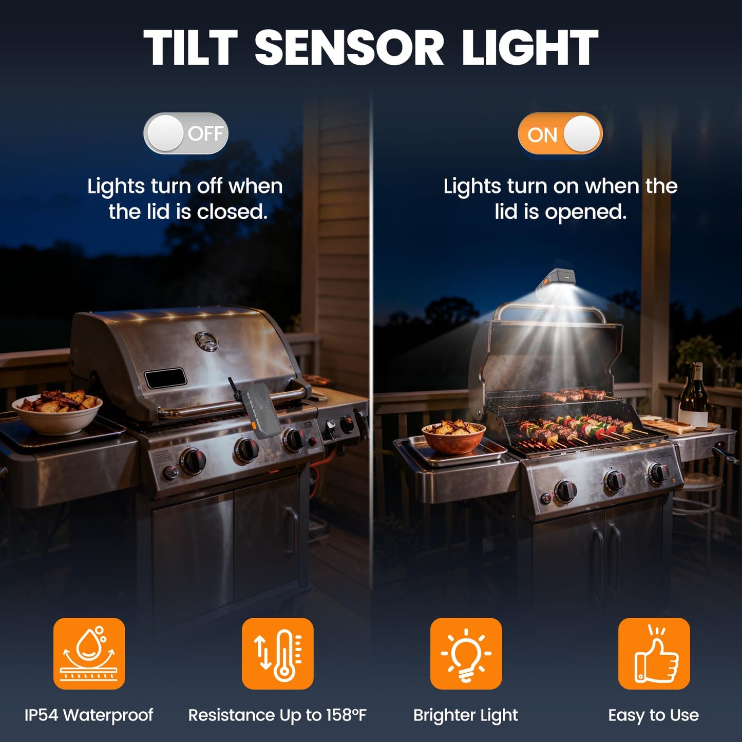 Grill Light for Blackstone Griddle & Weber Grill, Goldusk Rechargeable BBQ Lights with 160° Beam Automatic On/Off 2-Level Brightness Grilling Accessories for Outdoor Grill Gifts for Men Dad Husband
