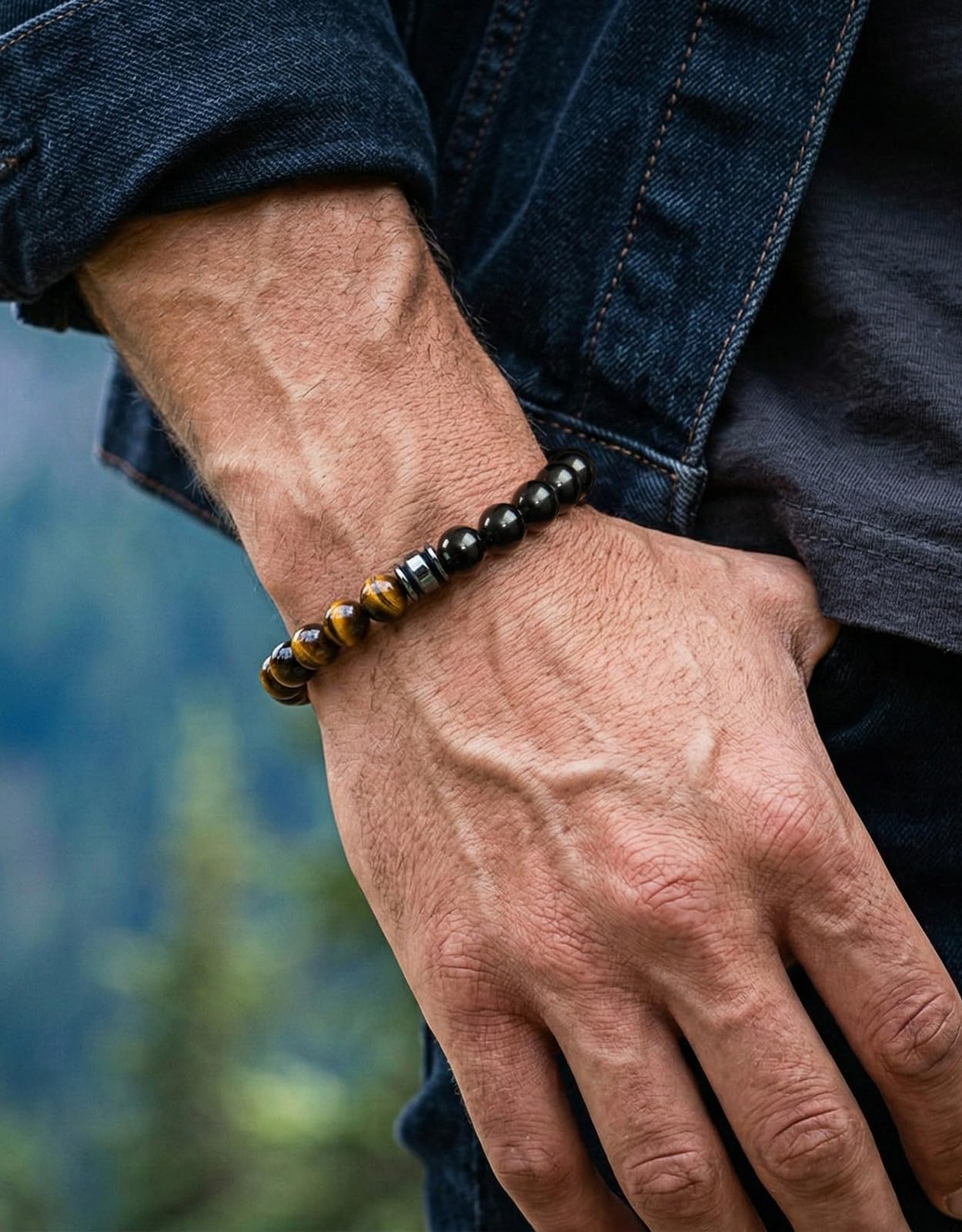 Landorilo Gifts for Men, 8mm Natural Stone Beaded Bracelets, Black Tourmaline & Tiger Eye Healing Bracelet, Handmade Mens Jewelry Gift for Him, Husband, Son, Father, Friend(To My Son-8.3in)