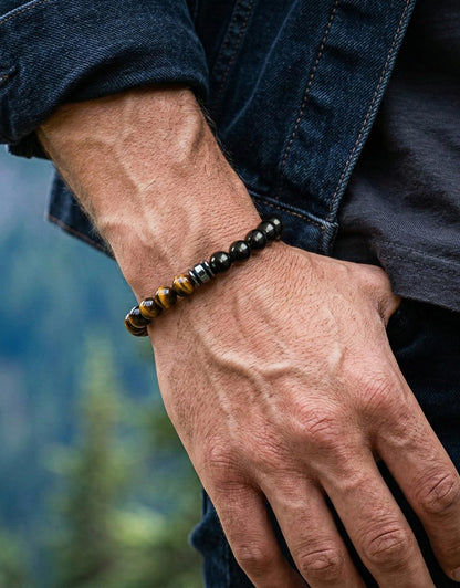 Landorilo Gifts for Men, 8mm Natural Stone Beaded Bracelets, Black Tourmaline & Tiger Eye Healing Bracelet, Handmade Mens Jewelry Gift for Him, Husband, Son, Father, Friend(To My Son-8.3in)