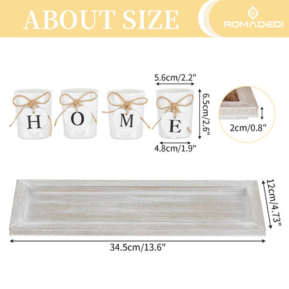 Romadedi Farmhouse Centerpiece Candle Holder Decor - Rustic Wooden Tray with 4 Glass Tealight Candles Holders for Coffee Table Home Decorations Living Room Fireplace Kitchen Housewarming Gifts