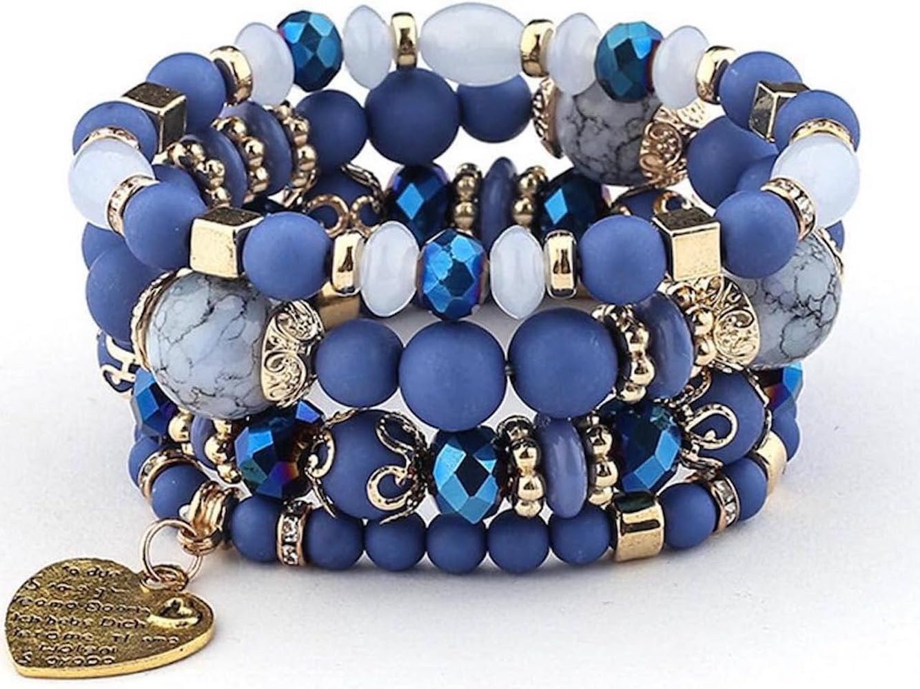 Jewellify Women Beaded Bracelet Set - Colorful Boho Stackable Bangle Bracelet with Crystal Accents - Trendy Fashion Stretch Charm Bracelets Jewelry for Women (Blue)