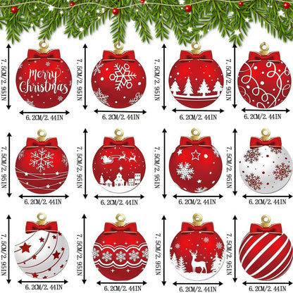 Christmas Tree Decorations Set, 12Pcs Wood Red & White Xmas Ball Hanging Ornaments with Merry Christmas, Bow, Snowflake, Elk and Star Design Winter Ornaments for Home Holiday Party Decor