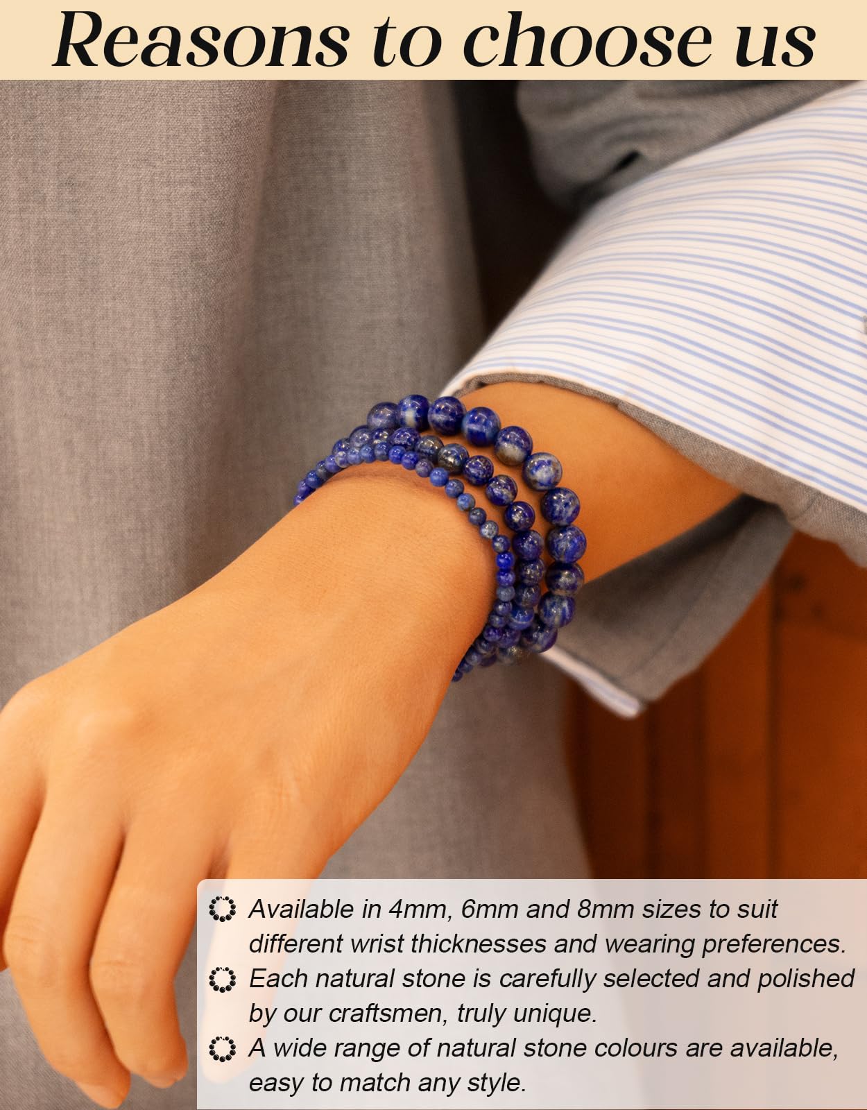 Landorilo Beaded Bracelet for Men Women, 8mm Natural Stone Lapis Lazuli Healing Crystal Stretch Bracelets, Ideal Christmas Birthday Jewelry Gifts with Energy Card，Replacement Beads Included