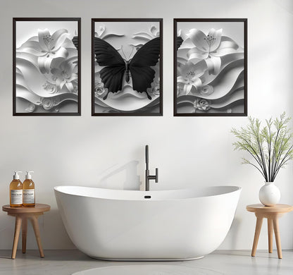 2D Black Butterfly Wall art set of 3 White Flowers Picture Canvas Art Modern Abstract Textured Florals Posters print Artwork for Living Room Bedroom Bathroom Decoration 12 * 18 in (Poster)