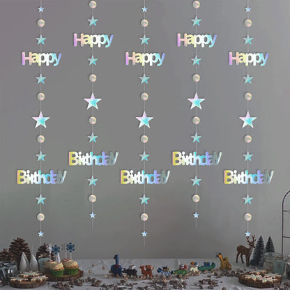 Leekryeton Happy Birthday Banner, Birthday Decorations for Women & Girls, Iridescent Holographic Star Circle Dot Garland Sign, Hanging Streamers Party Decor with Aurora Rainbow Effects