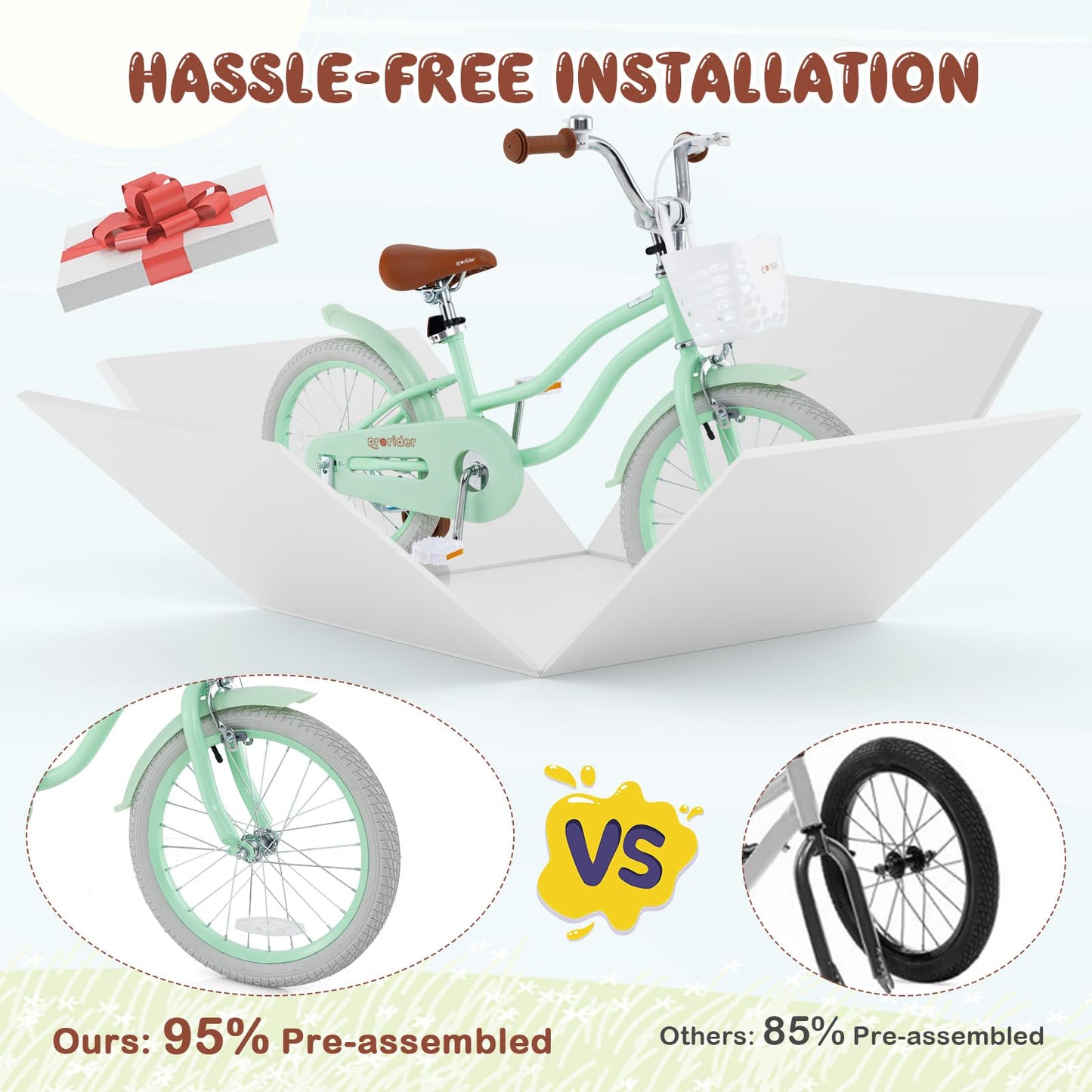 BABY JOY Kids Bike, 18 Inch Boys Girls Bike for 4-8 Years Old w/Training Wheels, Adjustable Seat, Removable Basket, Handbrake & Coaster Brake, Kids Bicycle (Mint Green)