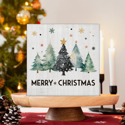 Merry Christmas Decorations - Christmas Tree Decor, Rustic Vacation Wooden Sign, Home Office Decor for Desk Table Shelf 5 X 5 Inches