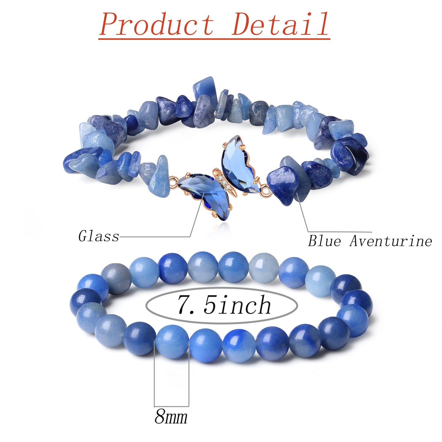 DUQGUHO 2Pcs Blue Aventurine Bracelet for Women Butterfly Bracelet Gift for Women Healing Crystal Bracelet Blue Natural Jewelry 8mm Blue Crystal Beaded Bracelet Gift for Birthday