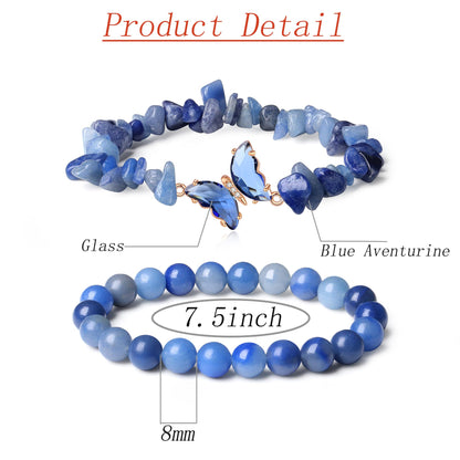 DUQGUHO 2Pcs Blue Aventurine Bracelet for Women Butterfly Bracelet Gift for Women Healing Crystal Bracelet Blue Natural Jewelry 8mm Blue Crystal Beaded Bracelet Gift for Birthday