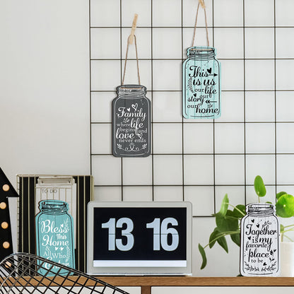 Jetec 4-Piece Mason Jar Wall Hanging Plaque Set - Rustic Farmhouse Decor Signs - Bless This Home, Family, Together, Love, Life, Home, Forever - Wooden Wall Mount - Approx. 8.3 x 4.5 x 0.24 Inches