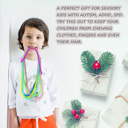Chew Necklaces for Sensory Kids 12 Pack, Chewy Necklace Stretchy Coil Bracelet Sensory Toys for Kids with Autism Anxiety ADHD, Oral Sensory Chew Toys for Boys Girls Fidgeting Biting