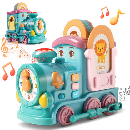 Gleesfun 1909B Musical Learning Train Toys, Toddlers Toys for 6-36 Months, Bump & Go 360° Rotation Electric Sensory Toy with English & Spanish Learning Cards, Educational Toys for Boys Girls Gift