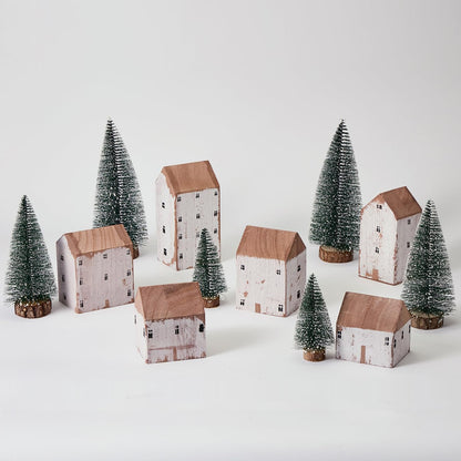 Mokof 12 Pcs Christmas Village Set - 6 Wooden Houses and 6 Snowy Trees, Farmhouse Christmas Decorations Indoor for Tabletop, Mantel, Shelves Holiday Decor (2.8" to 5.5" Tall)