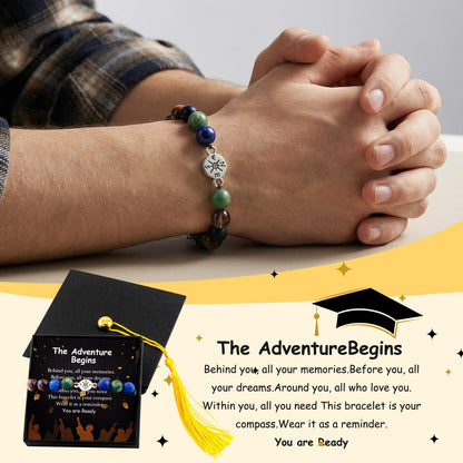 Graduation Bracelet Set 2026 for Him & Her, Natural stone Beaded Bracelet with 7 Chakra Stones or Matte Style, Compass Keychain, Card & Gift Box for High School College Grad (Minimalist Matte)