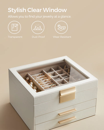 SONGMICS GISELLA Collection - Jewelry Box Organizer, 3-Layer Jewelry Storage with 2 Drawers, Shiny Metal Hardware, Glass Lid, Modern, 8 x 9.1 x 5.3 Inches, Cloud White and Gold Color UJBC239WT