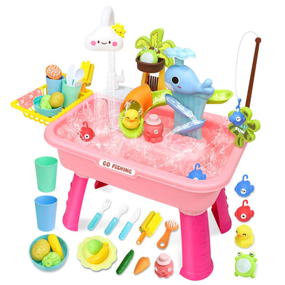 Water Play Table for Toddlers 1-3, Kids Play Sink with Electric Faucet, Outdoor Water Table with Fishing Game, Summer Baby Water Sensory Toy for Toddlers 1-3 Years(Pink)