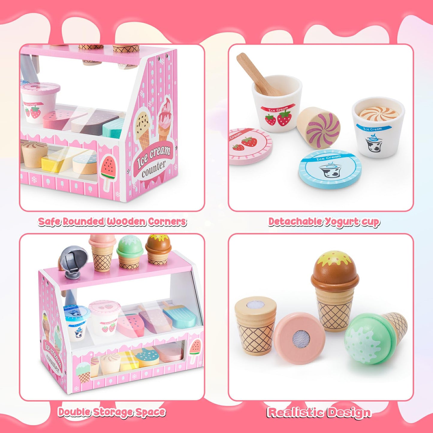 WHOHOLL Wooden Ice Cream Counter Playset for Toddler Girl Toys, Play Store Pretend Toy Food Play Kitchen Accessories with Fake Money & Coin, Christmas Birthday Gifts for 3+ Year Old Kids (Pink)