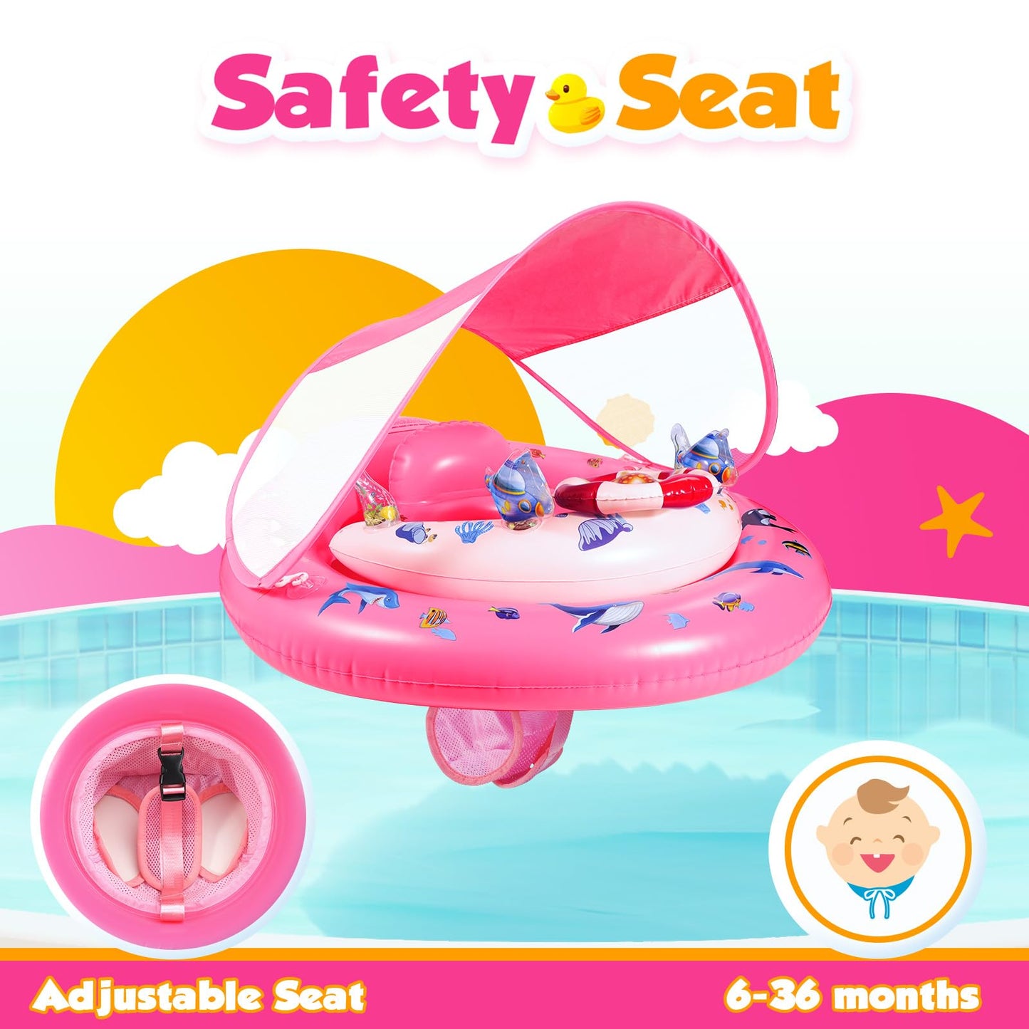 Baby Pool Float with Canopy UPF50+ Sun Protection, Inflatable Kids Pool Floats with Toy Play Console for Baby 6-36 Months, Infant Swimming Float with Adjustable Safety Seat for Boys Girls