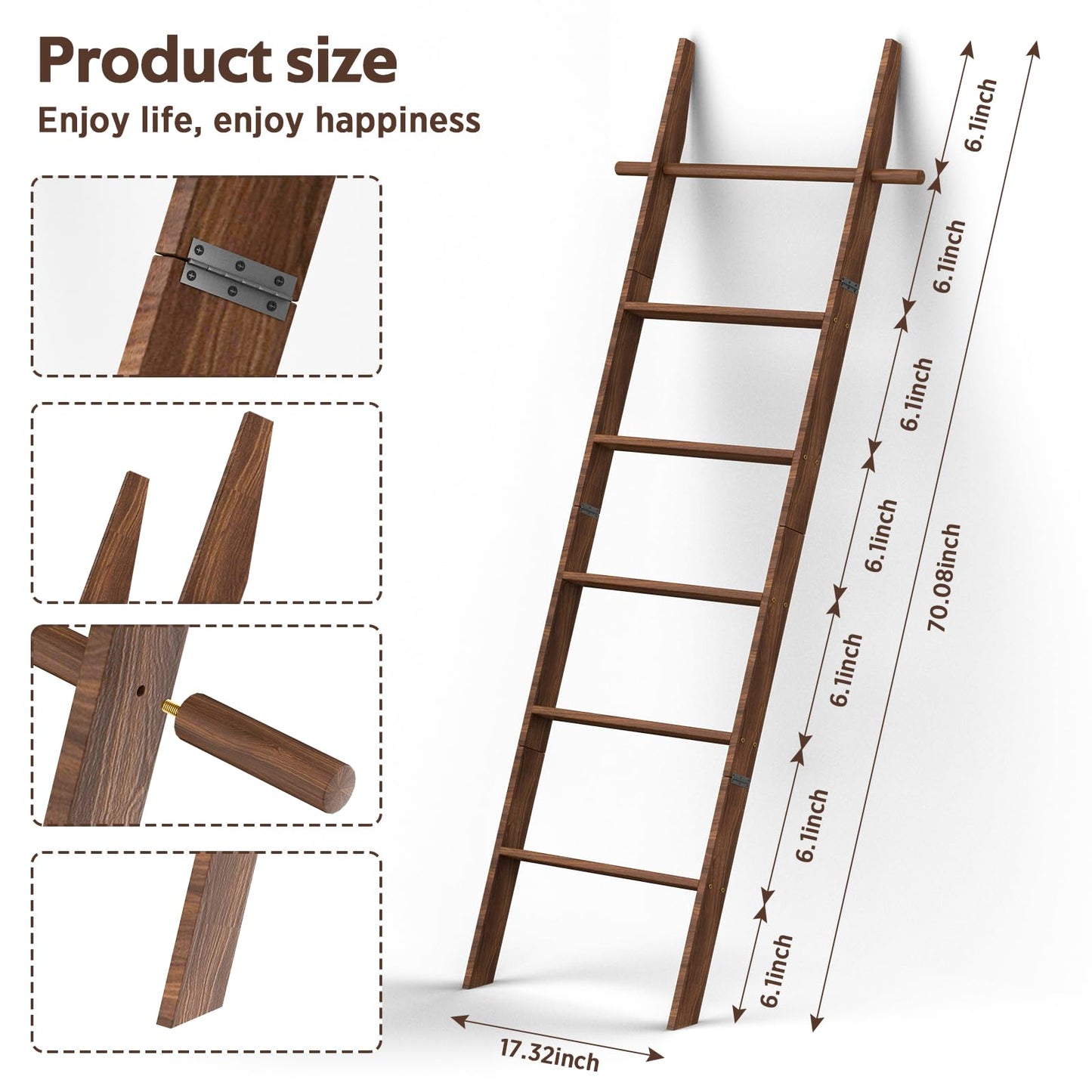 chilinii Farmhouse Wooden Blanket Ladder with Removable Hooks, 6-Tier Rustic Blanket Rack Decorative Stand, Leaning Towel Quilt Rack Holder for Bathroom Living Room Decor Brown