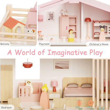 Fabuday Modern Wooden Dollhouse for Kids Girls - 8 Rooms Doll House Playset, DIY Pretend Toy Play Houses Kits with 81 Pcs Furniture Accessories, Dolls & Pets, Gift for Toddlers Ages 3+
