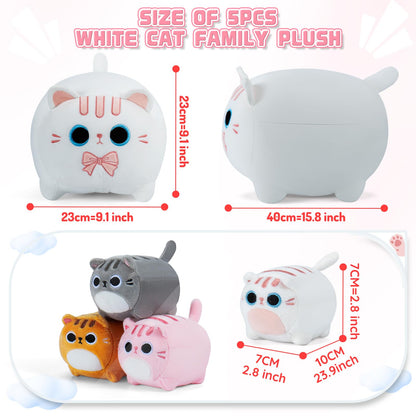 White Cat Plush, 5 PCS Cat Plush Stuffed Animal Family, 16" White Cat Mommy Plushie with 4 Baby Kittens Cat Plushies for Kids, Kawaii Cat Plush Toy Christmas Birthday Gifts for Kids Boys Girls