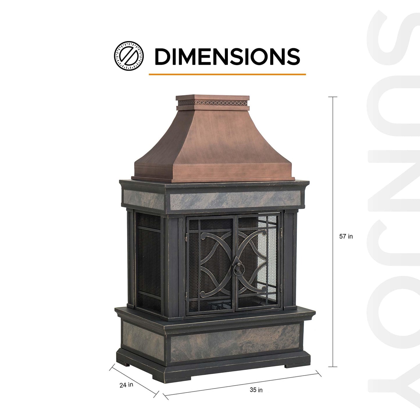 Sunjoy Outdoor Fireplace, Stone Look Tile Patio Wood Burning Steel Fireplace with Chimney, Spark Screen, Fire Poker, Rain Cover, and Removable Grate, Copper with Gray Tile