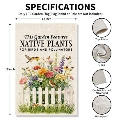 Vgrti This Garden Features Native Plants for Birds and Pollinators Garden Flag, Pollinator Friendly Yard Sign, Gardening Flag Gifts for Hummingbird Lovers, Welcome Yard Farmhouse Spring Outdoor Decor