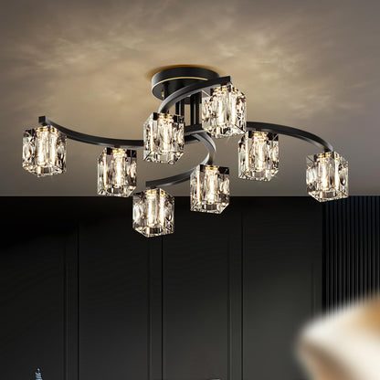 OKES 8-Light Semi Flush Mount Ceiling Light, Black and Gold Ceiling Fixture, Farmhouse Dining Room Light Fixture with K9 Crystal Shade, Modern Chandelier for Living Room,Bedroom,Entryway