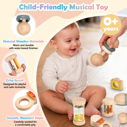 Montessori Wooden Baby Toys 7-in-1 Sensory Set for Babies 0–12 Months, Rain Sound Tube & Rattle Roller, Sensory Musical Gift for Baby Boys and Girls with Storage Bag