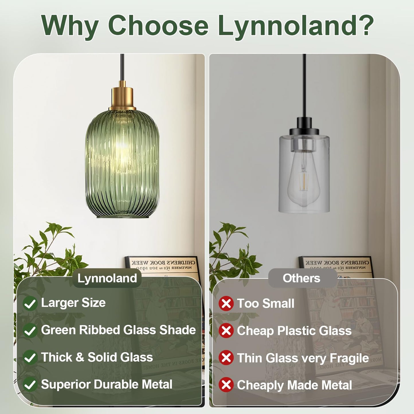 2 Pack Pendant Lights with Vintage Green Ribbed Glass Lampshade, Adjustable Brushed Gold Pendant Lights Fixtures for Kitchen Island Lighting Sink, Dining & Living Room Hallway (Bulbs Not Included)