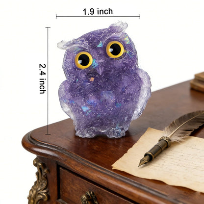 OwMell Owl Statue Tumbled Stone Gemstone Owl Figurine Home Decor Shelf Decor 2.5" - Deep Purple