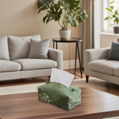 Zovylks Brocade Fabric Tissue Box Cover, Exquisite Jacquard Soft Fabric, Green Peony Floral Patterns, Rectangle Tissue Box Holder for Livingroom, Bedroom, Car, Office Desktop Decor (Dark Green)