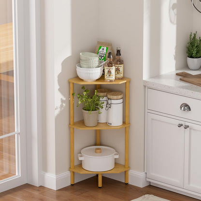 Atoping 3 Tier Bamboo Corner Shelf, Storage Stand with Adjustable Feet, Small Space Corner Bookcase, Outdoor Plant Stand, Space-Saving Organizer for Bathroom Kitchen Living Room