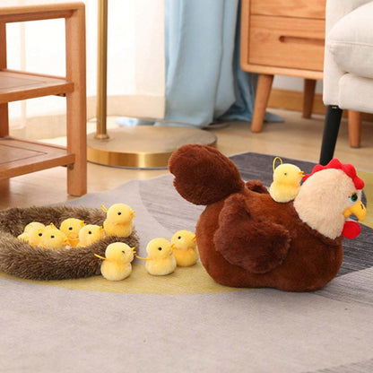unsnurnoch 12PS Chicken Stuffed Animal 11.8", Mother Hen with 10 Baby Chicks and Nest, Interactive Farm Animal Plush Toy for Kids and Collectors, Creative Easter Birthday